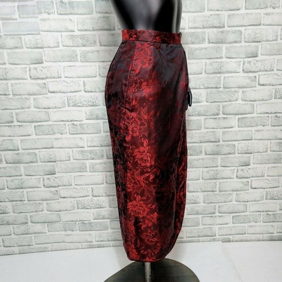 Vintage Oriental Silk Floral Embroidered Faux Wrap High Waisted Wiggle Skirt - Picture 4 of 7